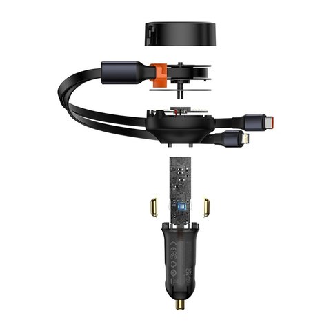 Car Charger Baseus Enjoyment Retractable 2-in-1, (black, Quick Charge, with cable, 30 W, 12-24 V) #CGTX000001 Preview 2