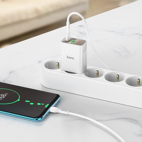 Mains Charger Hoco C100A, (20 W, Quick Charge, Power Delivery (PD), white, with LCD, 2 outputs) #6931474769800 Preview 4