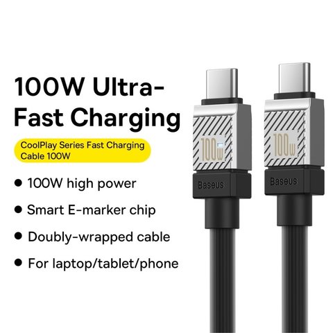 USB кабель Baseus Coolplay Series, 2xUSB тип-C, 200 см, 100 Вт, чорний, силіконовий, #CAKW000301 Прев'ю 2